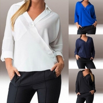 Trendy Solid Color V-neck Button-tab Sleeve Relaxed Blouse