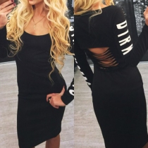 Sexy Letters Printed Round Neck Long Sleeve Back Hollow Out Slim-fitting Dress