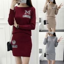 Casual Style Letters Printed Long Sleeve Knit Tops and Skirt Two-piece Set