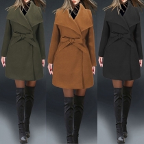 Trendy Solid Color Long Sleeve Lapel Gathered Waist Woolen Coat