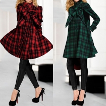 Fashion Turtleneck Long Sleeve Front Bowknot Lattice Woolen Trench Coat