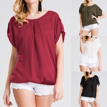 Sexy Lace Spliced Hollow Out Round Neck Short Sleeve Chiffon Tops