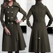 Fashion Solid Color Long Sleeve Lapel Double-breasted Woolen Coat with Waist Strap