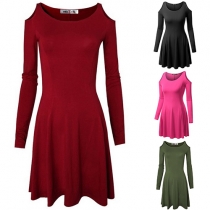 Sexy Solid Color Cold Shoulder Round Neck Long Sleeve Dress