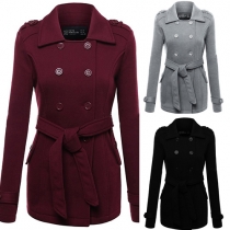 Stylish Solid Color Long Sleeve Lapel Double-breasted Coat with Waist Strap