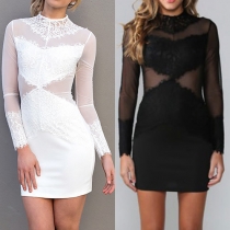 Sexy Solid Color Lace Gauze Spliced Round Neck Long Sleeve Slim Fit Dress