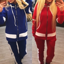 Casual Style Contrast Color Front Zipper Long Sleeve Hooded Sports Suit