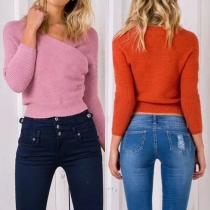 Trendy Solid Color Front Cross V-neck Long Sleeve Gathered Waist Crop Sweater