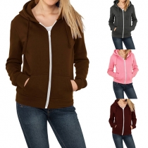 Fashion Solid Color Front Zipper Hooded Long Sleeve Women's Sweatshirt