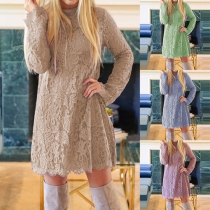 Elegant Solid Color Round Neck Long Sleeve Loose-fitting Lace Dress