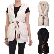 Fashion Solid Color Sleeveless Hooded Fuzzy Vest For Women