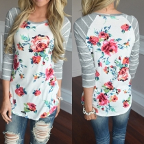 Casual Style Round Neck Long Sleeve Striped Flowers Printed T-shirt