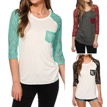 Fashion Contrast Color Lace Spliced Round Neck 3/4 Sleeve T-shirt