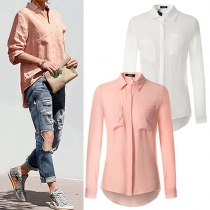Stylish Solid Color Lapel Long Sleeve High-low Hemline Relaxed Blouse