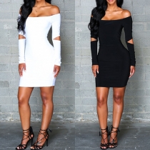 Sexy Solid Color Off Shoulder Cut-out Long Sleeve Bodycon Dress