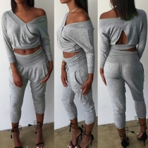 Sexy Solid Color V-neck Hollow Out Crop Tops and Pants Two-piece Set