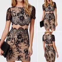 Sexy Eyelash Lace Spliced Round Neck Short Sleeve Slim-fitting Dress