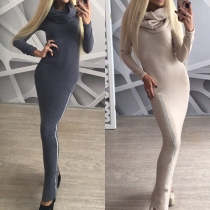 Sexy Solid Color Long Sleeve Hooded Side Zipper Slim Fit Maxi Dress