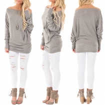 Fashion Solid Color Off Shoulder Long Sleeve Loose-fitting Tops