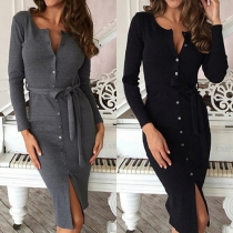 Sexy Solid Color Single-breasted Round Neck Long Sleeve Slit Hem Dress