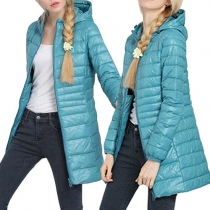 Fashion Solid Color 2 Side Pockets Front Zipper Hooded Long Sleeve Padded Coat