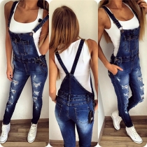 Fashion Front Pocket Ripped Denim Overalls For Women