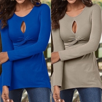 Sexy Round Neck Long Sleeve Front Knotted Hollow Out Irregular Hemline T-shirt