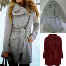 Trendy Solid Color Lapel Long Sleeve Oblique Zipper Woolen Coat with Waist Strap