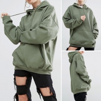 Casual Style Solid Color Front Pocket Long Sleeve Hooded Women's Sweatshirt
