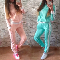 Sport Style Contrast Color Front Zipper Long Sleeve Tops + Pants Two-piece Set
