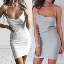 Sexy Solid Color Backless Sleeveless Irregular Hemline Sling Dress