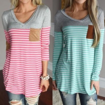 Casual Style V-neck Long Sleeve Side Pocket Striped Printed T-shirt