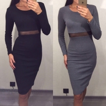 Sexy Solid Color Round Neck Long Sleeve Hollow Out Slim Fit Dress