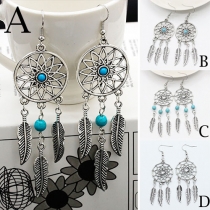 Retro Style Hollow Out Turquoise Feather Tassel Pendant Earrings
