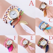 Ethnic Style Colorful Braided Watchband Feather Pendant Round Dial Quartz Watch