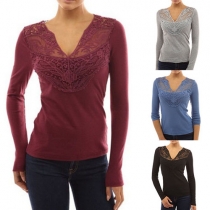 Sexy Solid Color V-neck Long Sleeve Lace Spliced Slim Fit T-shirt