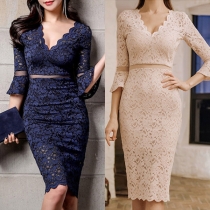 Sexy Solid Color V-neck Backless Long Sleeve Lace Dress