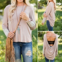 Sexy Lace Spliced Round Neck Long Sleeve Backless High-low Hemline T-shirt
