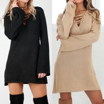 Sexy Solid Color Front Lace-up V-neck Long Sleeve Knit Sweater Dress