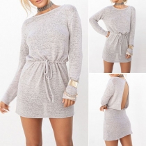 Casual Style Round Neck Long Sleeve Backless Drawstring Waist Knit Sweater Dress