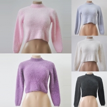 Sexy Solid Color Turtleneck Long Sleeve Fuzzy Crop Sweater