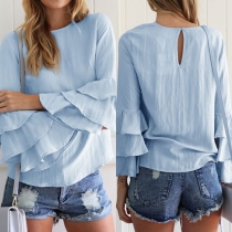 Trendy Solid Color Round Neck Back Keyhole Multi-layer Ruffle Sleeve Tops