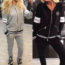 Fashion Skull Printed Front Zipper Hooded Long Sleeve Sports Suit