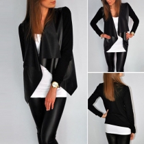 Fashion Solid Color Lapel Leather Spliced Long Sleeve Cardigan