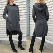 Fashion Solid Color Long Sleeve Hooded High-low Hemline Sweatshirt For Women