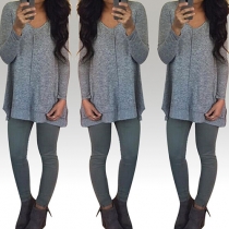 Concise Style Solid Color V-neck Long Sleeve T-shirt