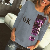 Fashion Letters Printed Sequin Round Neck Long Sleeve Tops