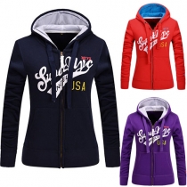 Stylish Front Zipper Hooded Long Sleeve Letters Printed Sweatshirt For Women