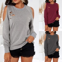 Sexy Solid Color Round Neck Cold Shoulder Long Sleeve Tops