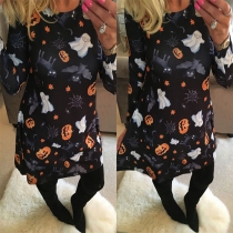 Cute Style Pumpkin Ghost Printed Round Neck Long Sleeve Dress